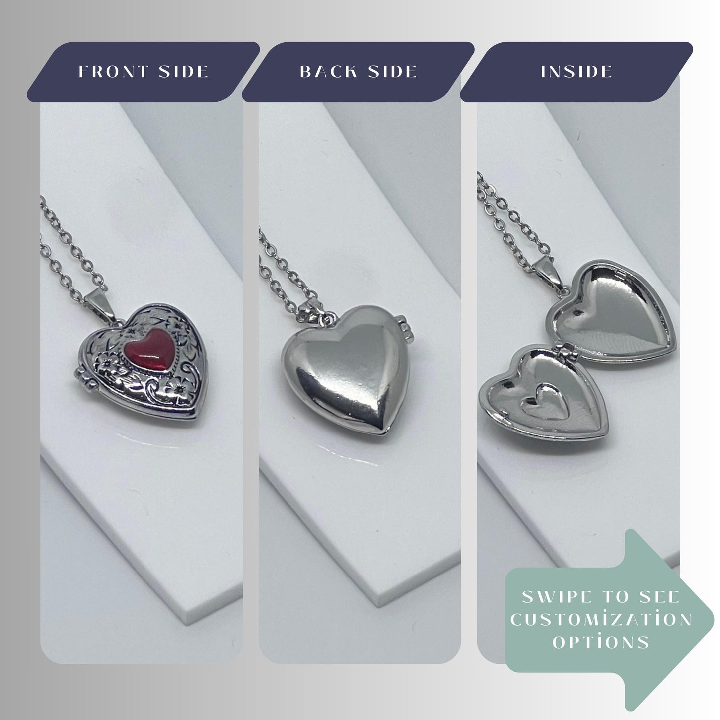 Floral Heart Photo Locket Necklace with Red Heart Center, Vintage Romantic Jewelry Gift