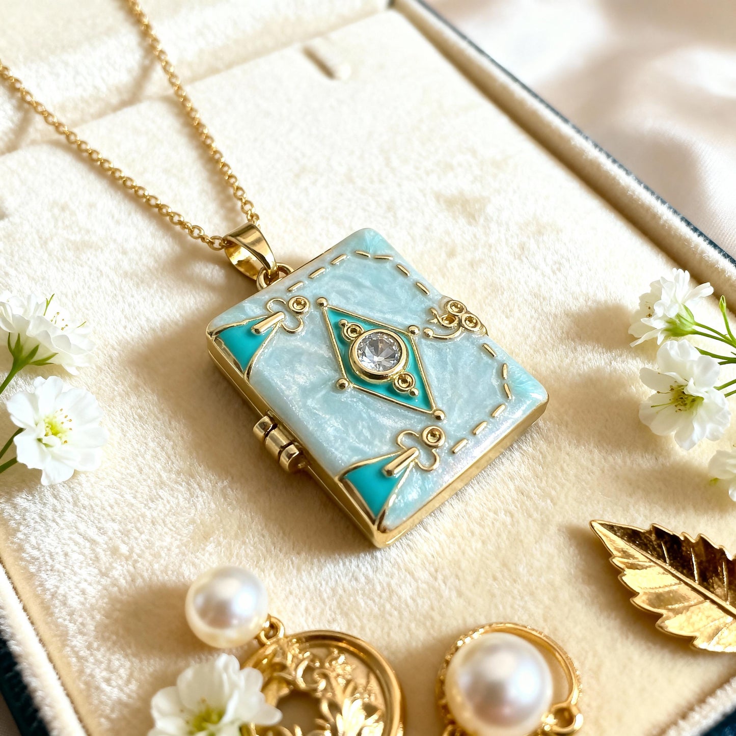 Mint Enamel Book Locket Necklace – Personalized Keepsake Gift