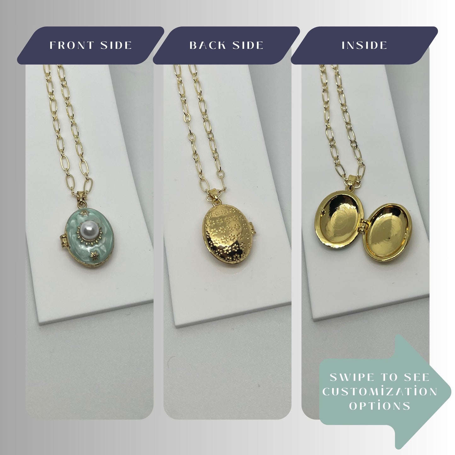 Mint Blue Pearl Oval Photo Locket Necklace – Personalized Keepsake Gift