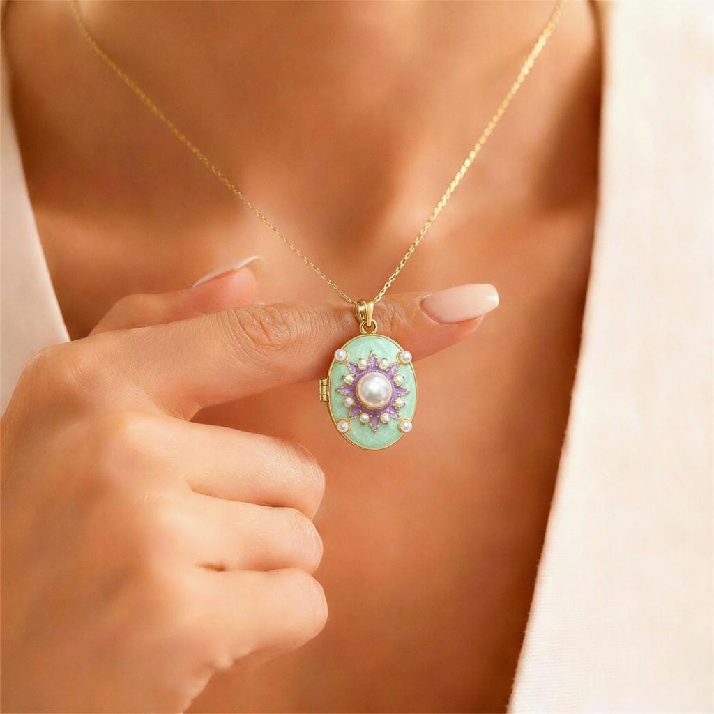 Mint Pearl Sunburst Oval Photo Locket Necklace – Personalized Keepsake Gift