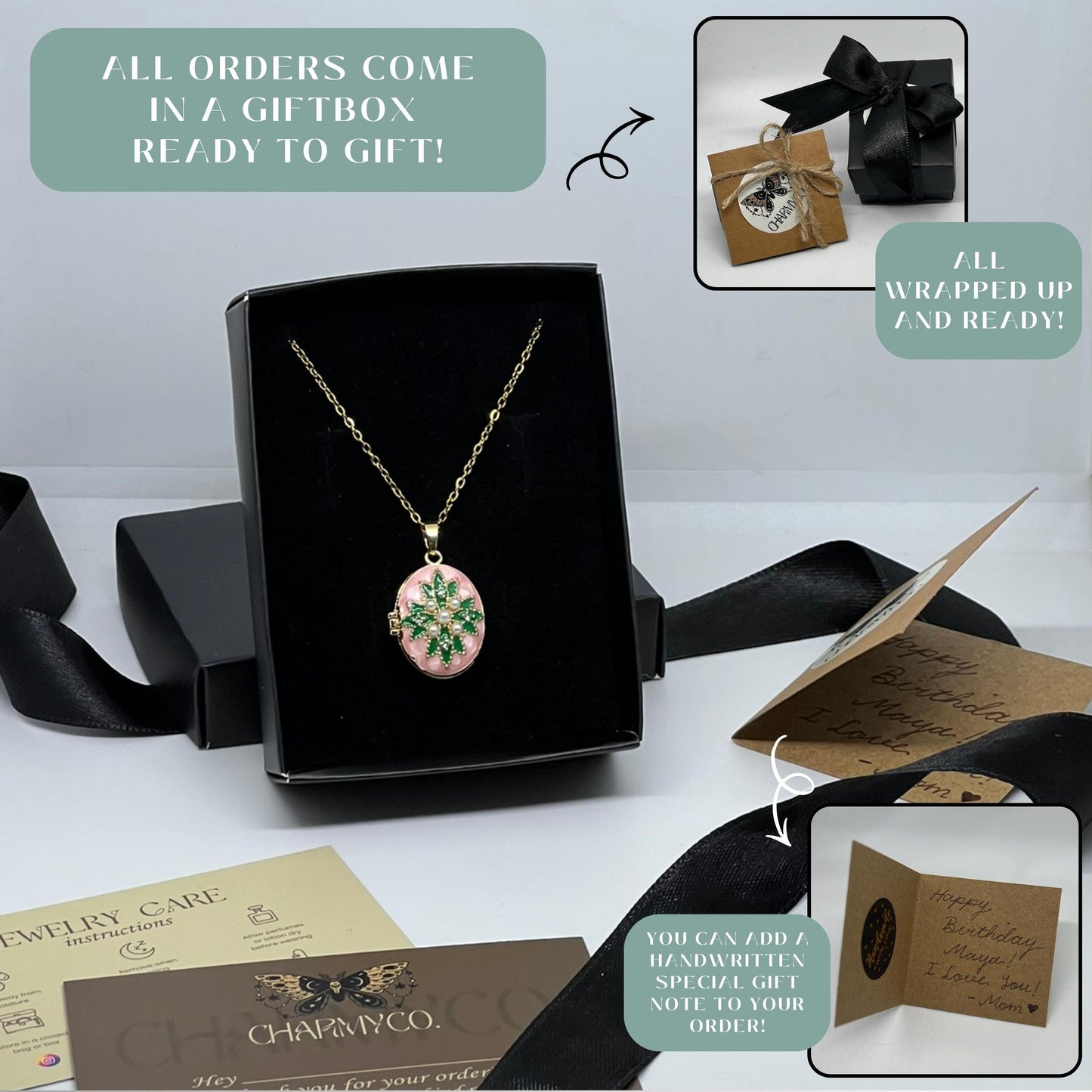 Pink Pearl Floral Oval Photo Locket Necklace – Personalized Keepsake Gift