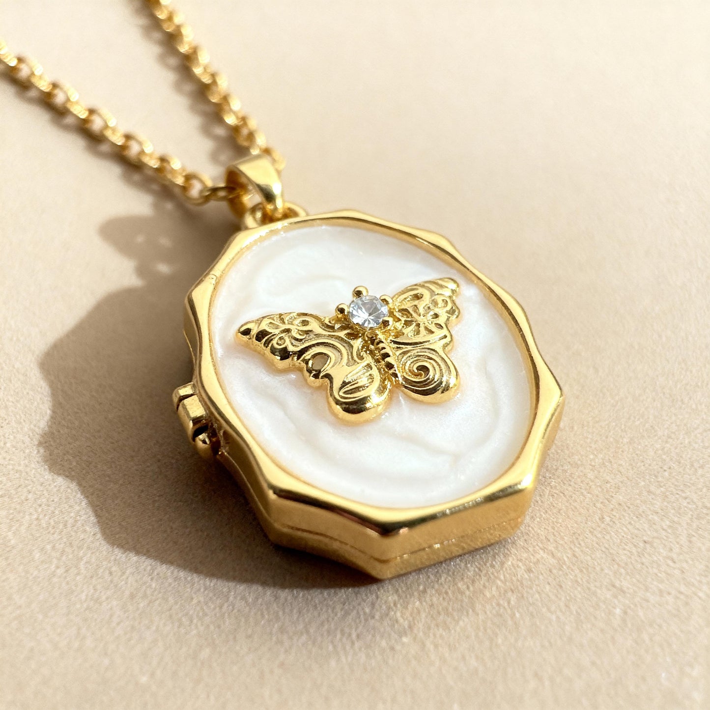 White Enamel Butterfly Oval Photo Locket Necklace – Personalized Keepsake Gift