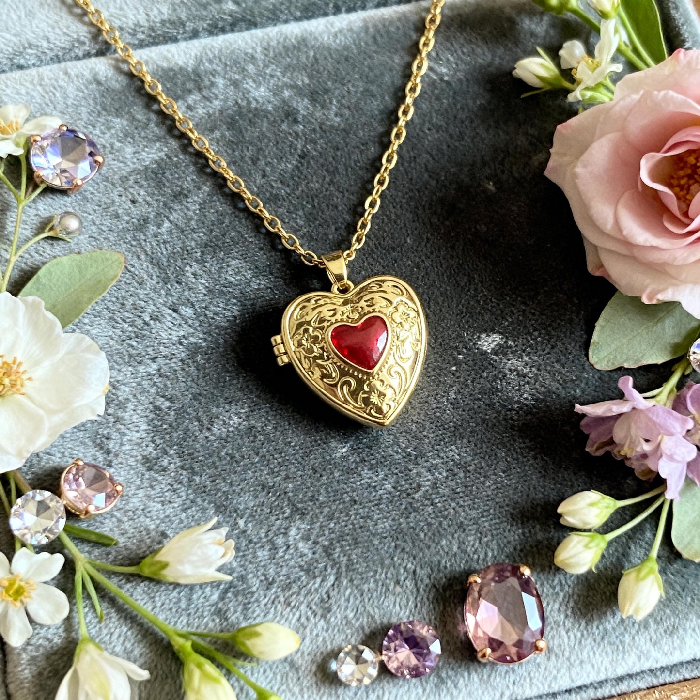 Red Crystal Heart Photo Locket Necklace – Personalized Keepsake Gift