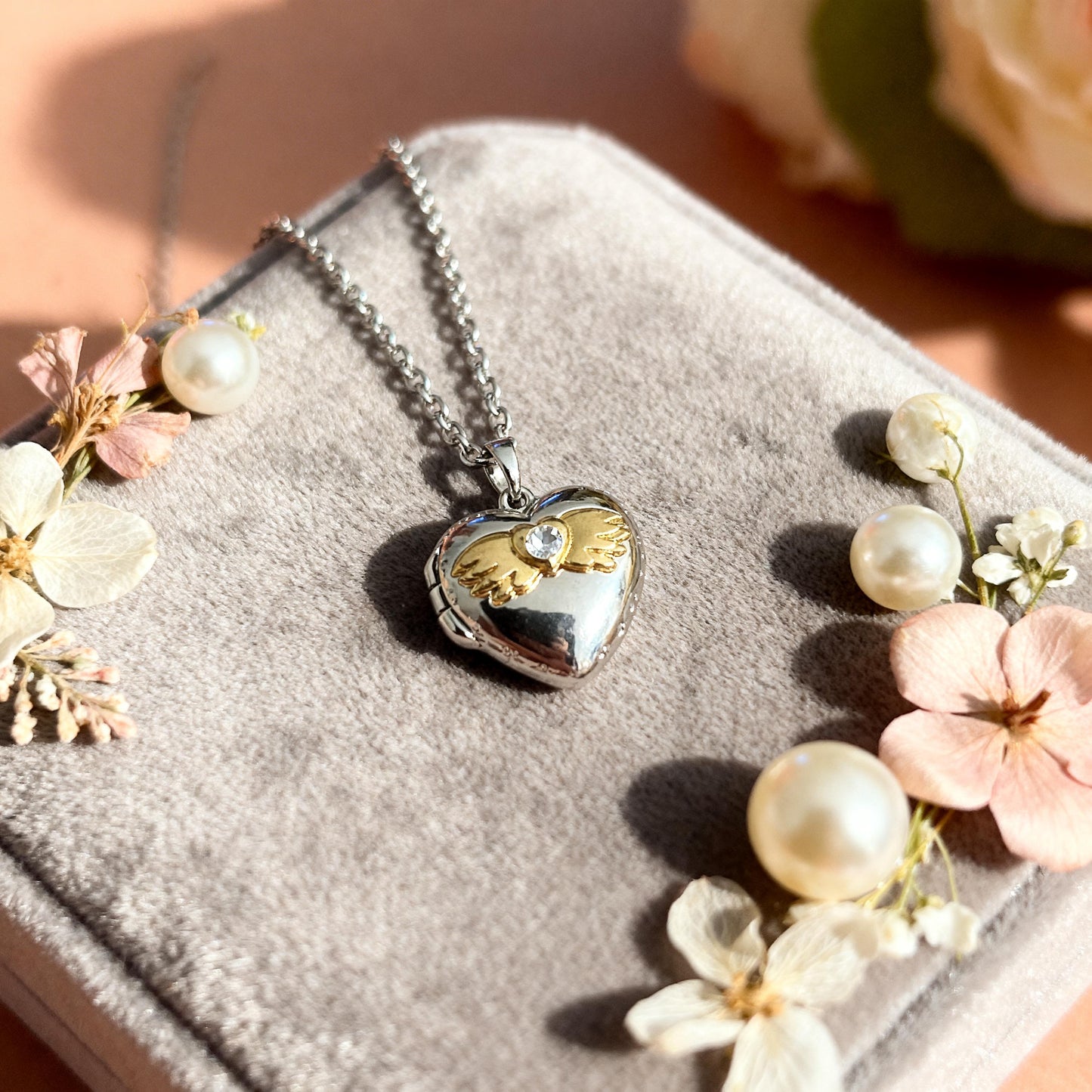 Angel Wings Heart Photo Locket Necklace – Personalized Keepsake Gift