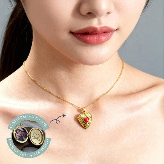 Red Floral Heart Photo Locket Necklace – Personalized Keepsake Gift