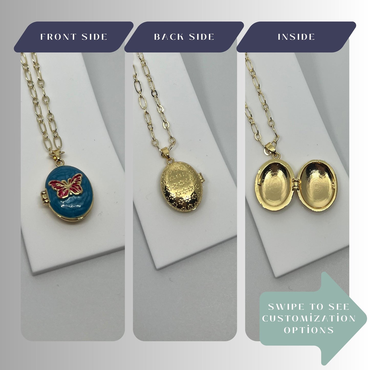 Blue Butterfly Oval Photo Locket Necklace – Personalized Keepsake Gift