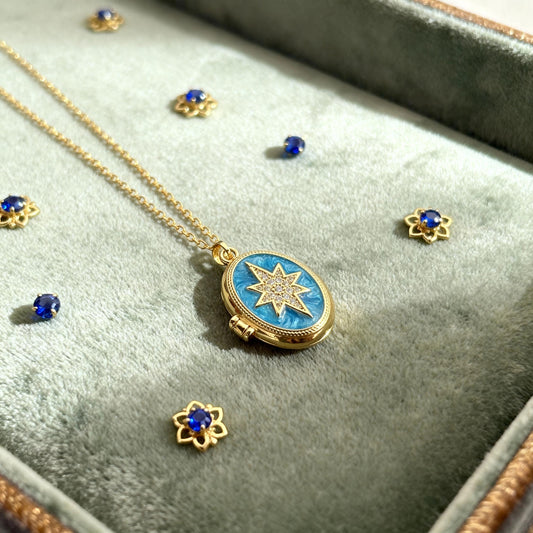 Blue Star Oval Photo Locket Necklace – Personalized Keepsake Gift