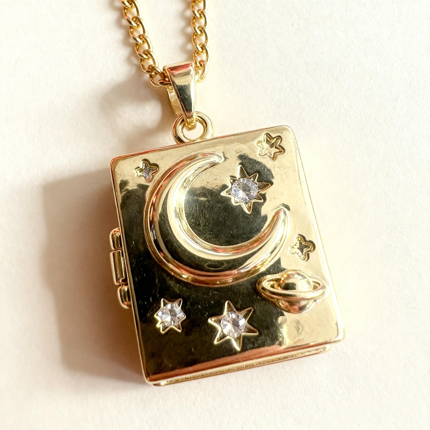 Celestial Moon & Stars Rectangle Photo Locket Necklace – Personalized Keepsake Gift