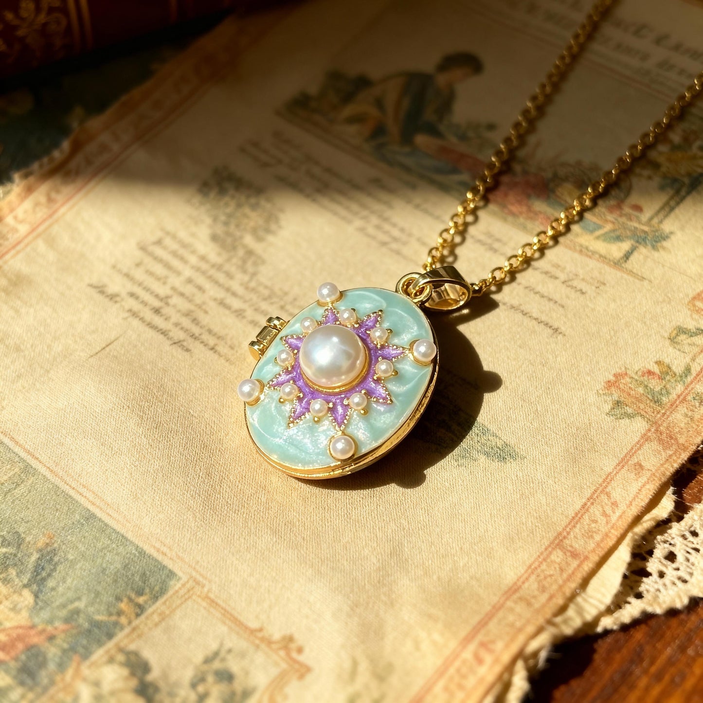 Mint Pearl Sunburst Oval Photo Locket Necklace – Personalized Keepsake Gift