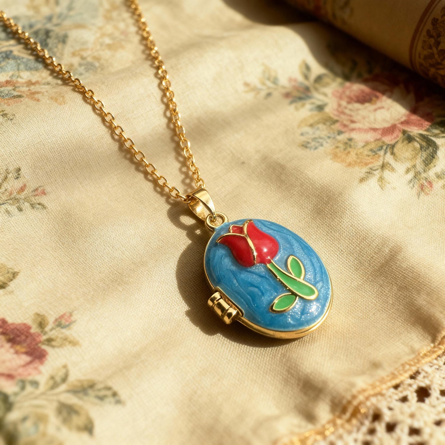 Blue Tulip Oval Photo Locket Necklace – Personalized Keepsake Gift
