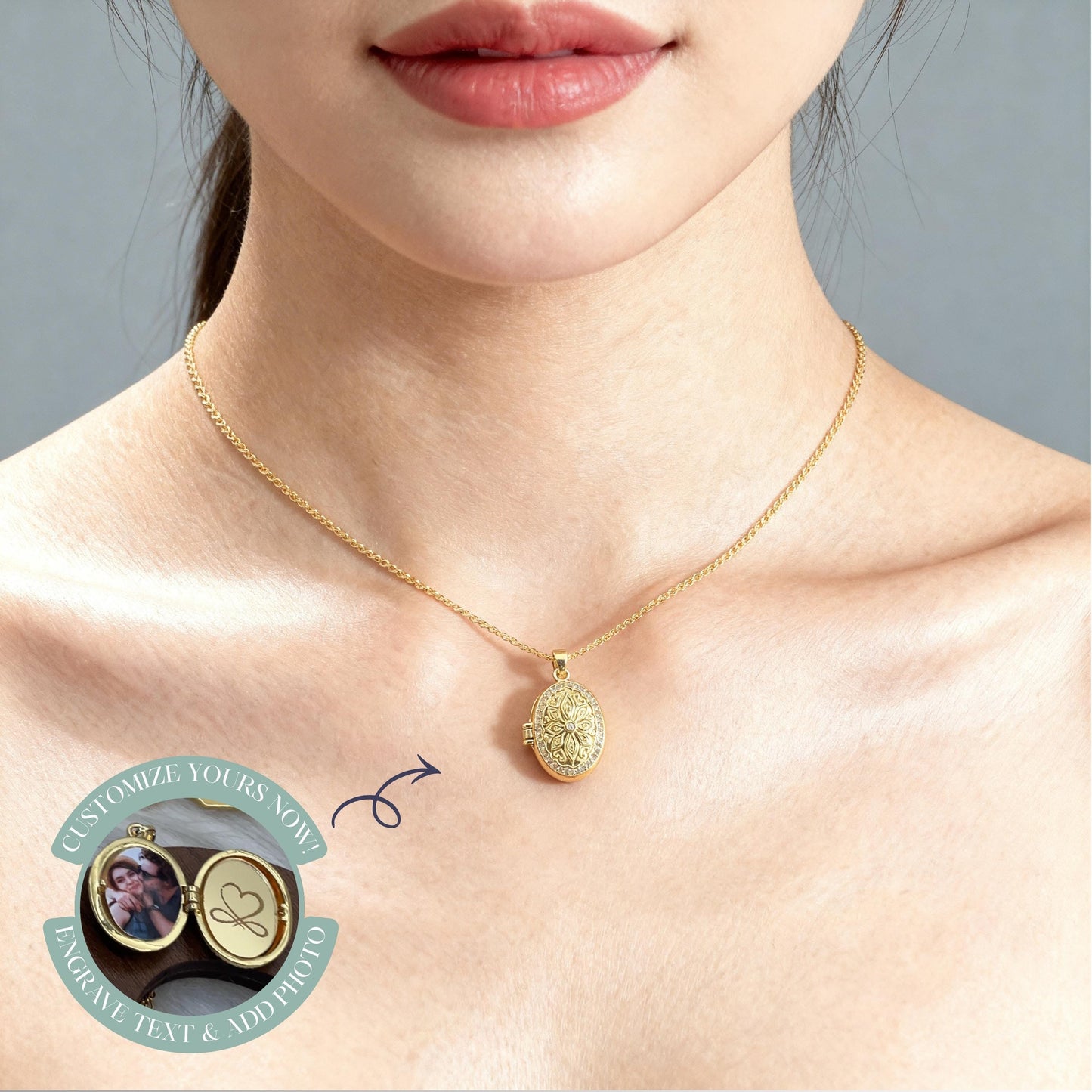 Floral Oval Photo Locket Necklace – Personalized Keepsake Gift