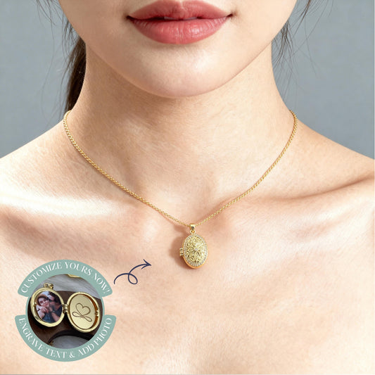 Floral Oval Photo Locket Necklace – Personalized Keepsake Gift