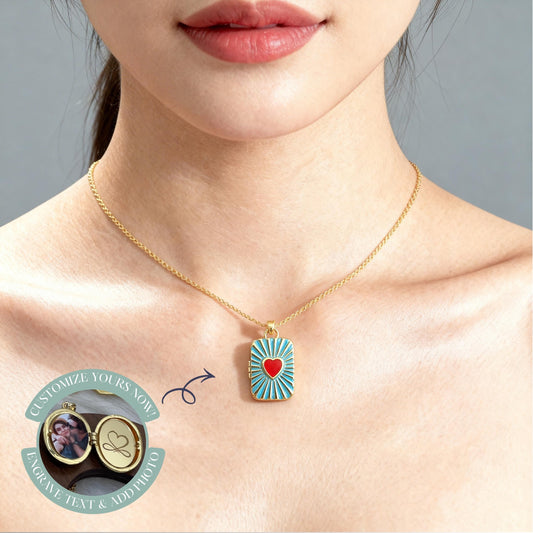 Blue Heart Rectangle Photo Locket Necklace – Personalized Keepsake Gift
