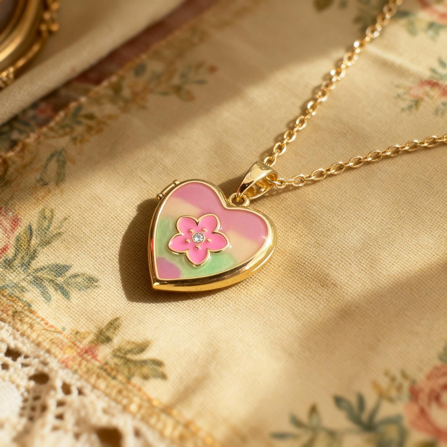 Pink Enamel Floral Heart Photo Locket Necklace – Personalized Keepsake Gift