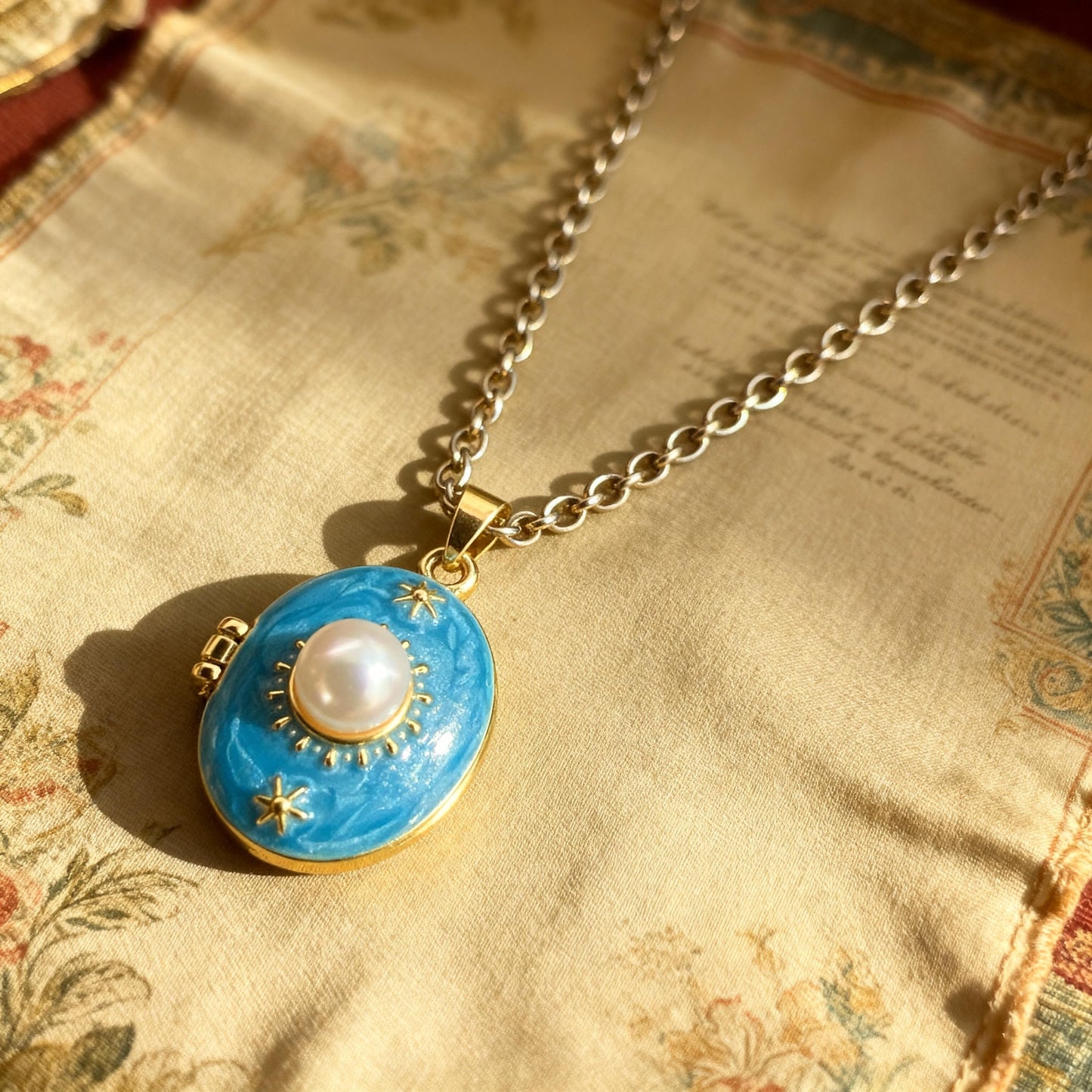 Blue Enamel Pearl Oval Photo Locket Necklace – Personalized Keepsake Gift