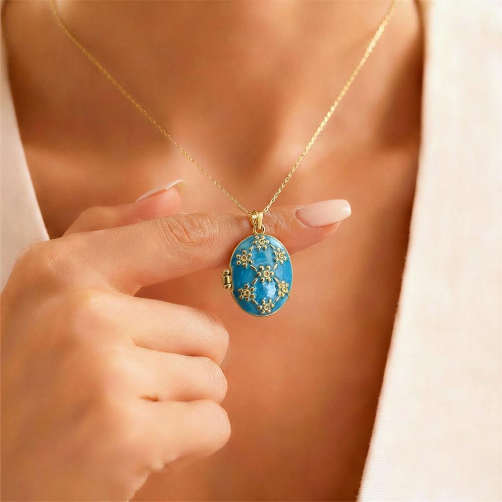 Blue Floral Photo Locket Necklace – Personalized Keepsake Gift