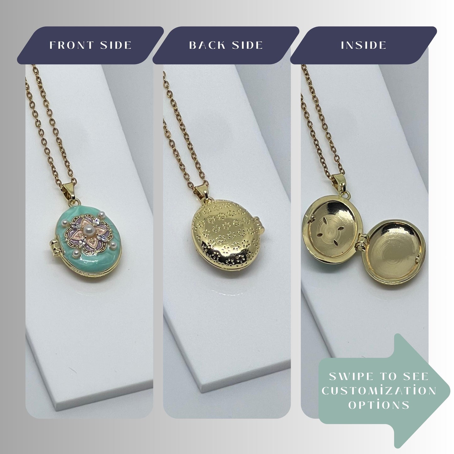Turquoise Pearl Floral Oval Photo Locket Necklace – Personalized Keepsake Gift