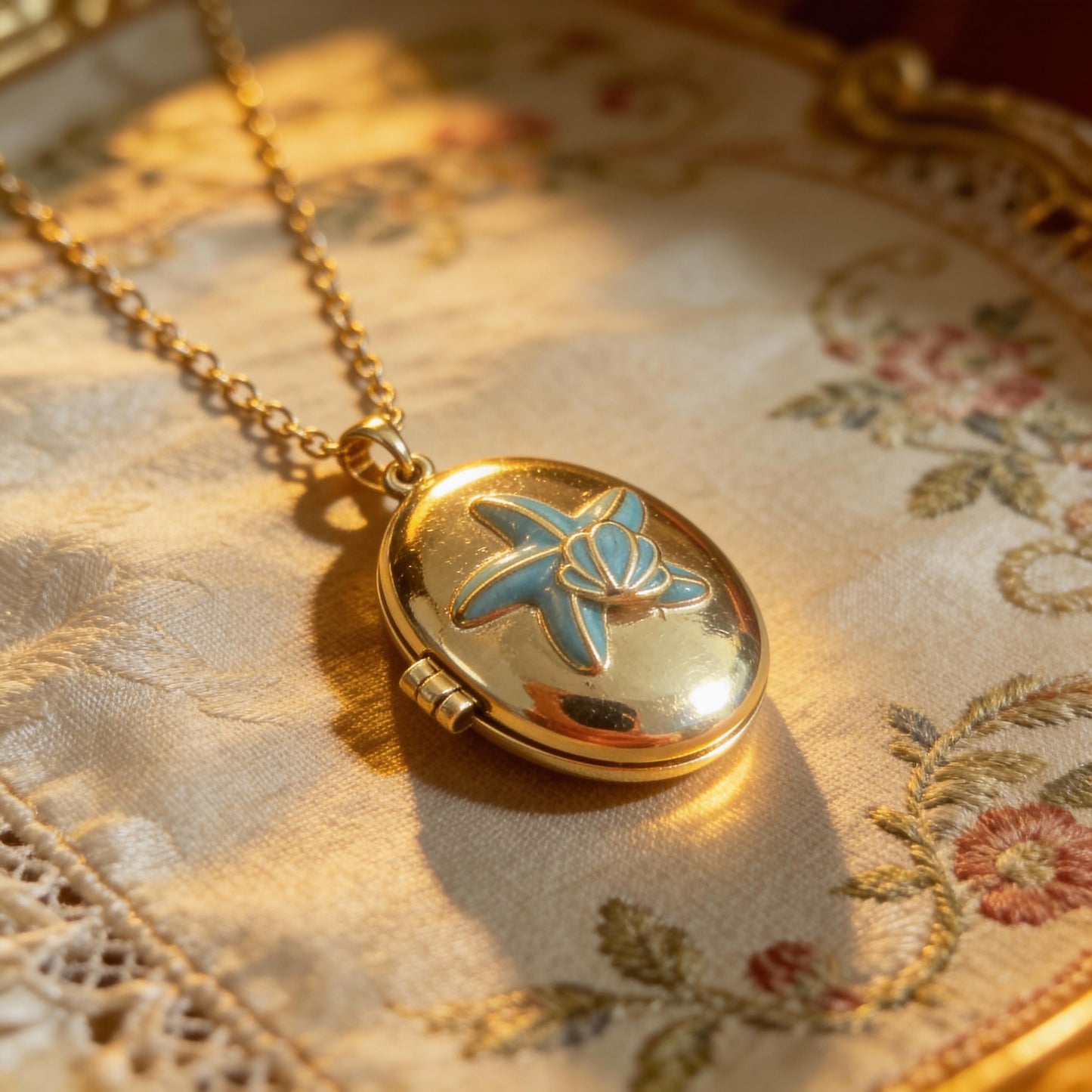 Blue Enamel Starfish Photo Locket Necklace – Personalized Keepsake Gift
