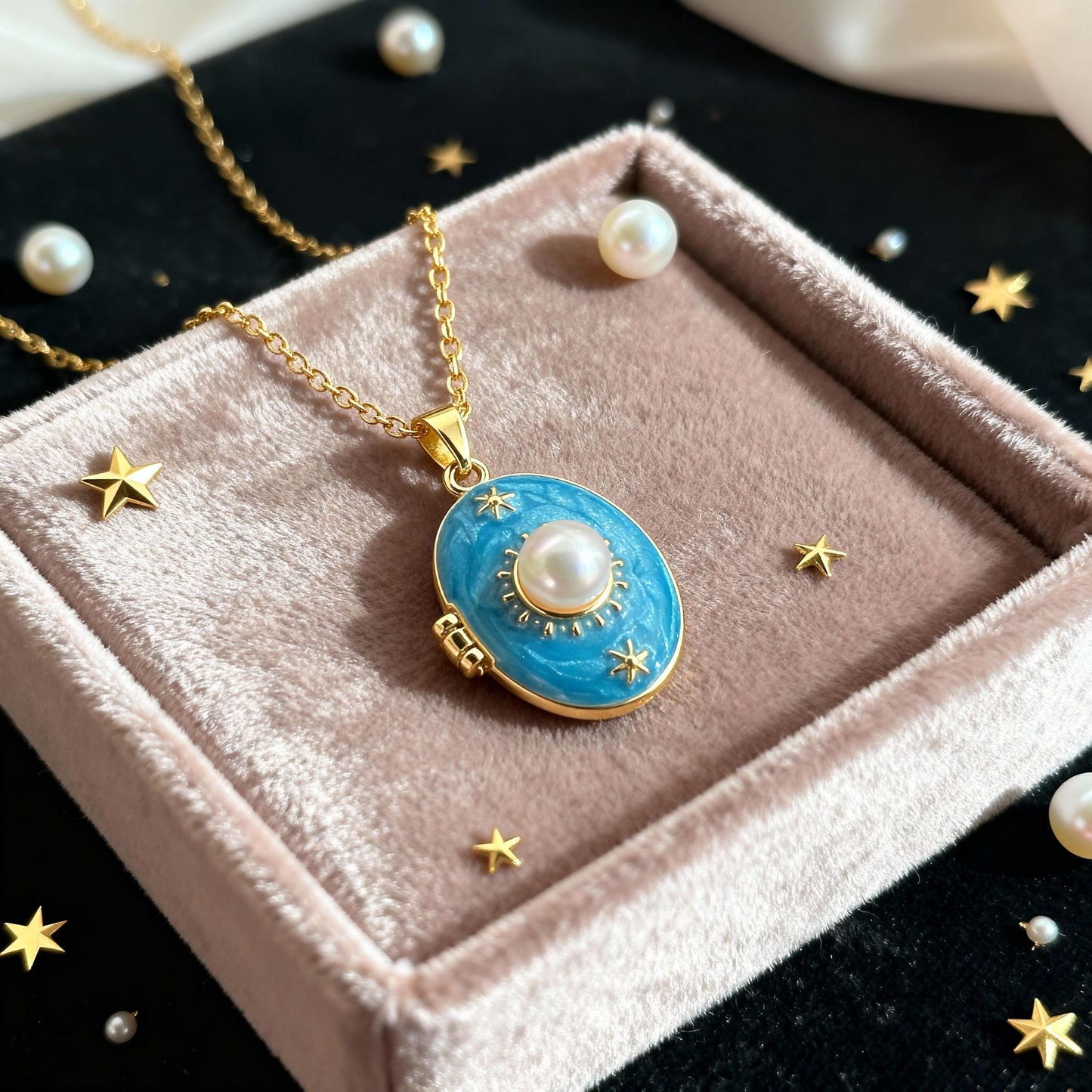 Blue Enamel Pearl Oval Photo Locket Necklace – Personalized Keepsake Gift