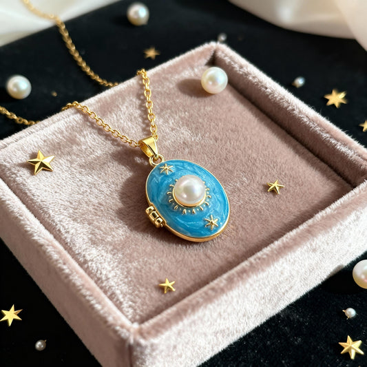 Blue Enamel Pearl Oval Photo Locket Necklace – Personalized Keepsake Gift