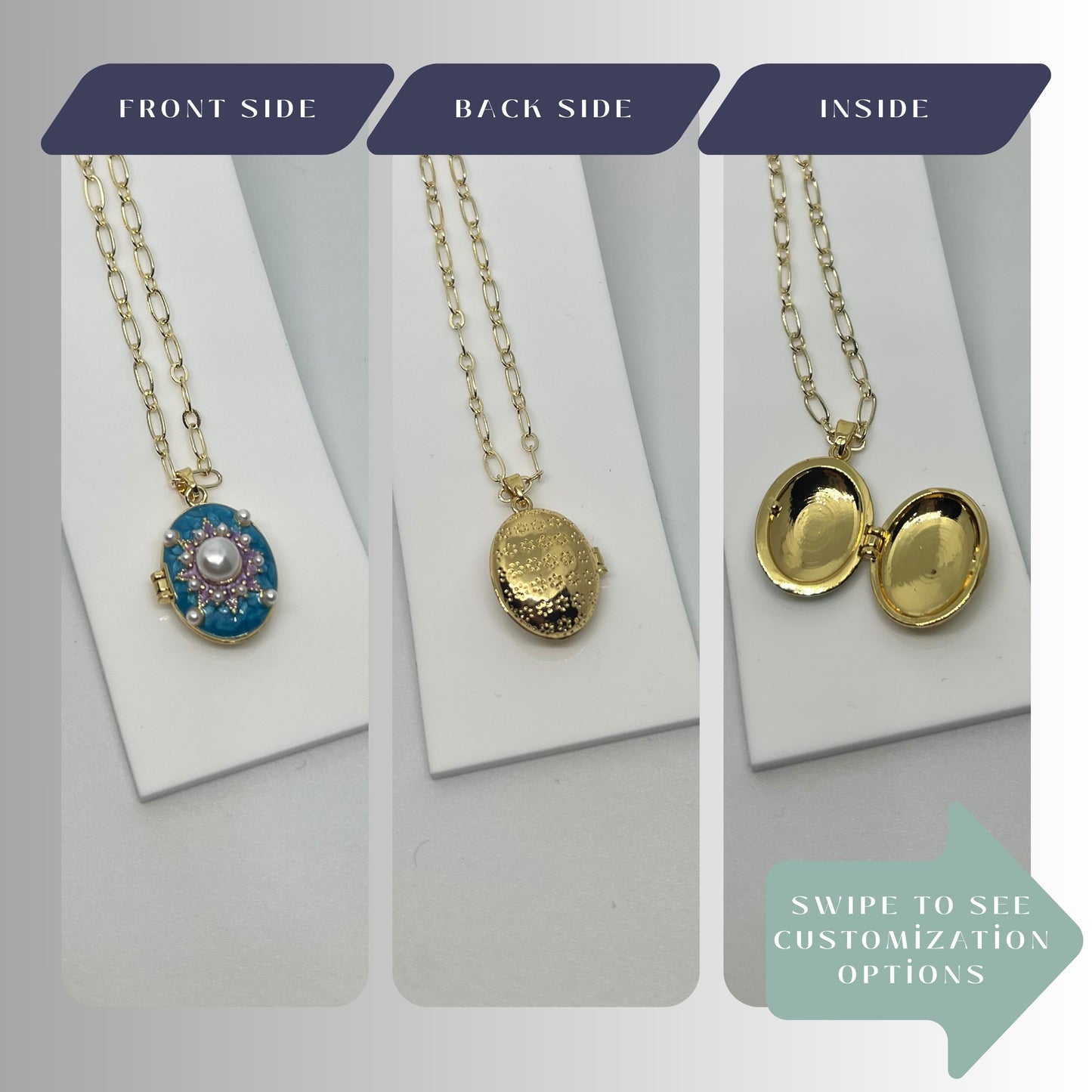 Blue Pearl Starburst Oval Photo Locket Necklace – Personalized Keepsake Gift
