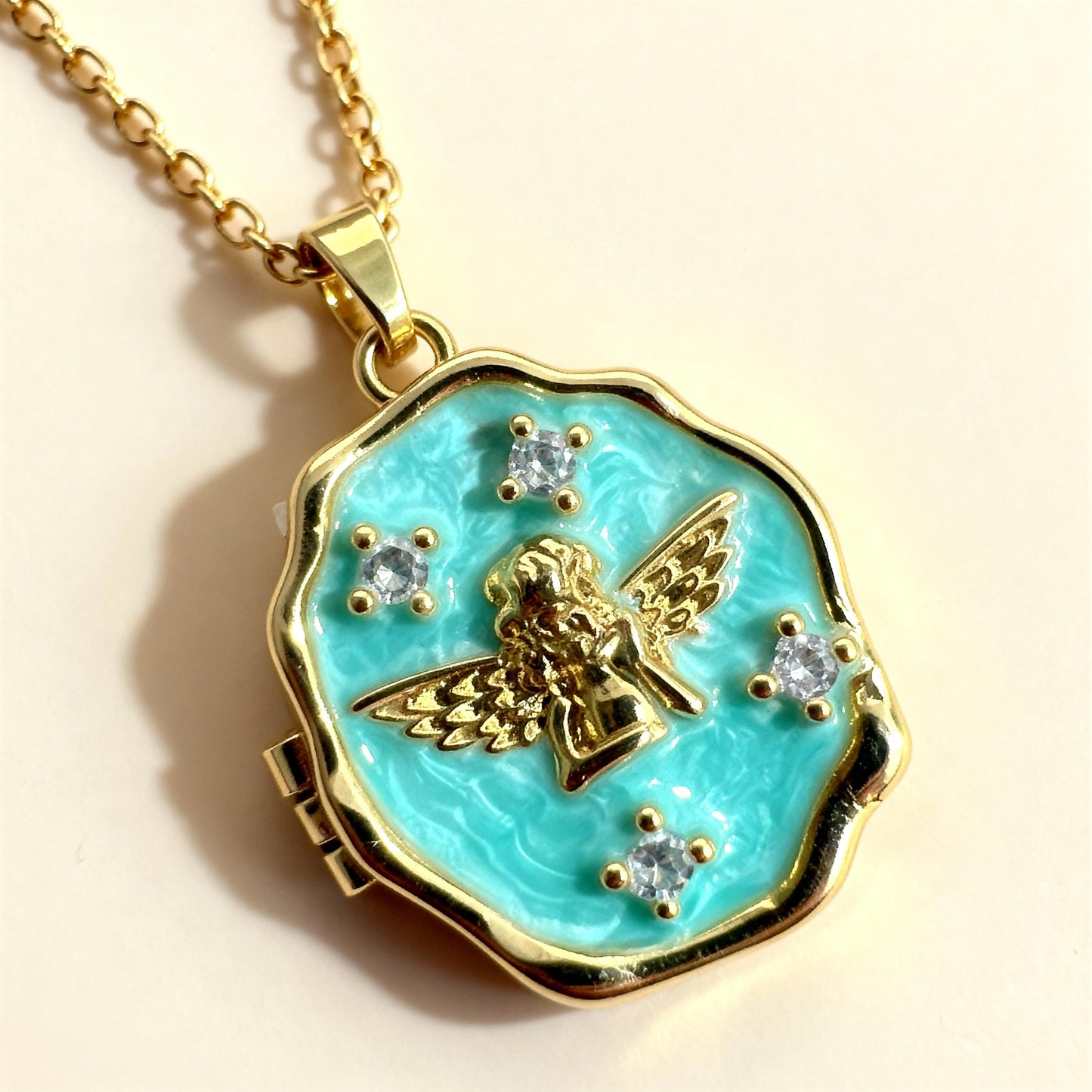 Turquoise Enamel Angel Photo Locket Necklace – Personalized Keepsake Gift