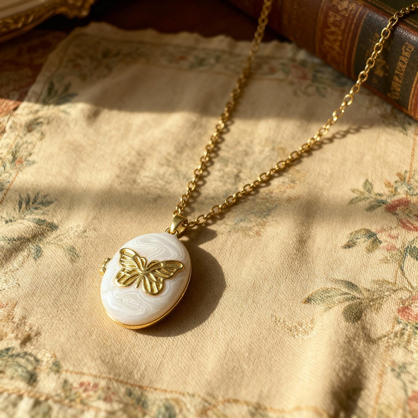 White Butterfly Oval Photo Locket Necklace – Personalized Keepsake Gift