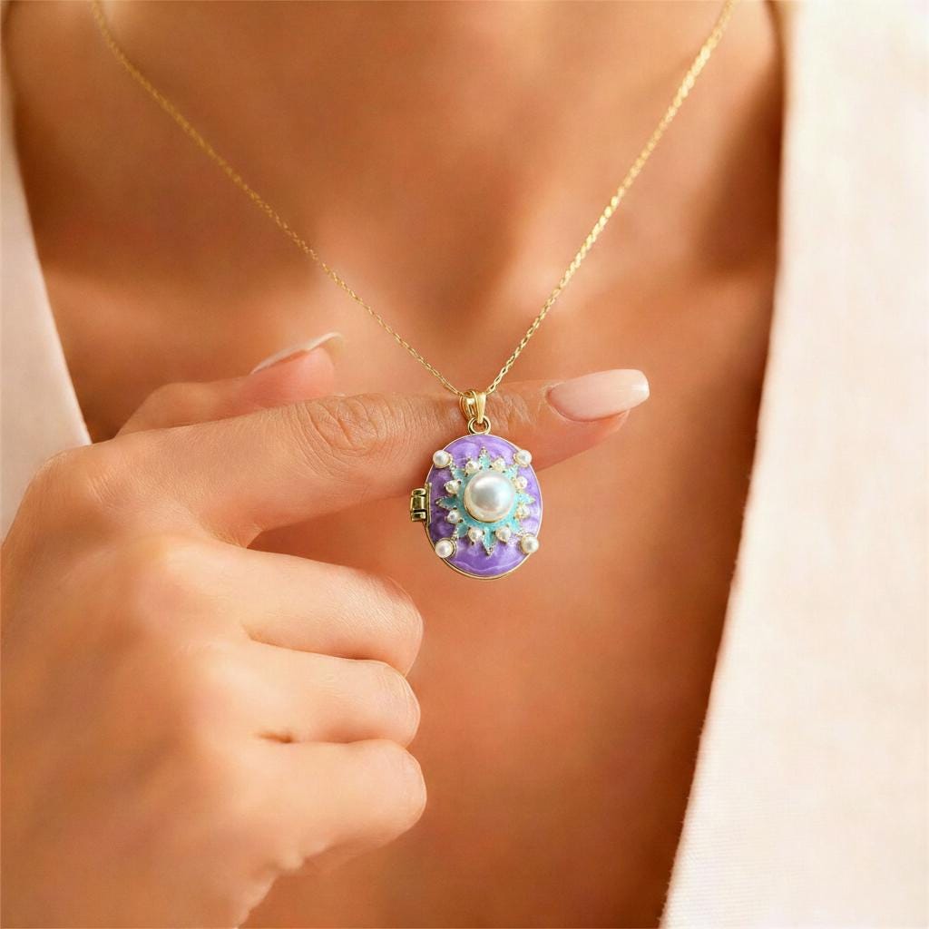 Purple Pearl Star Oval Photo Locket Necklace – Personalized Keepsake Gift