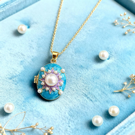 Blue Pearl Starburst Oval Photo Locket Necklace – Personalized Keepsake Gift
