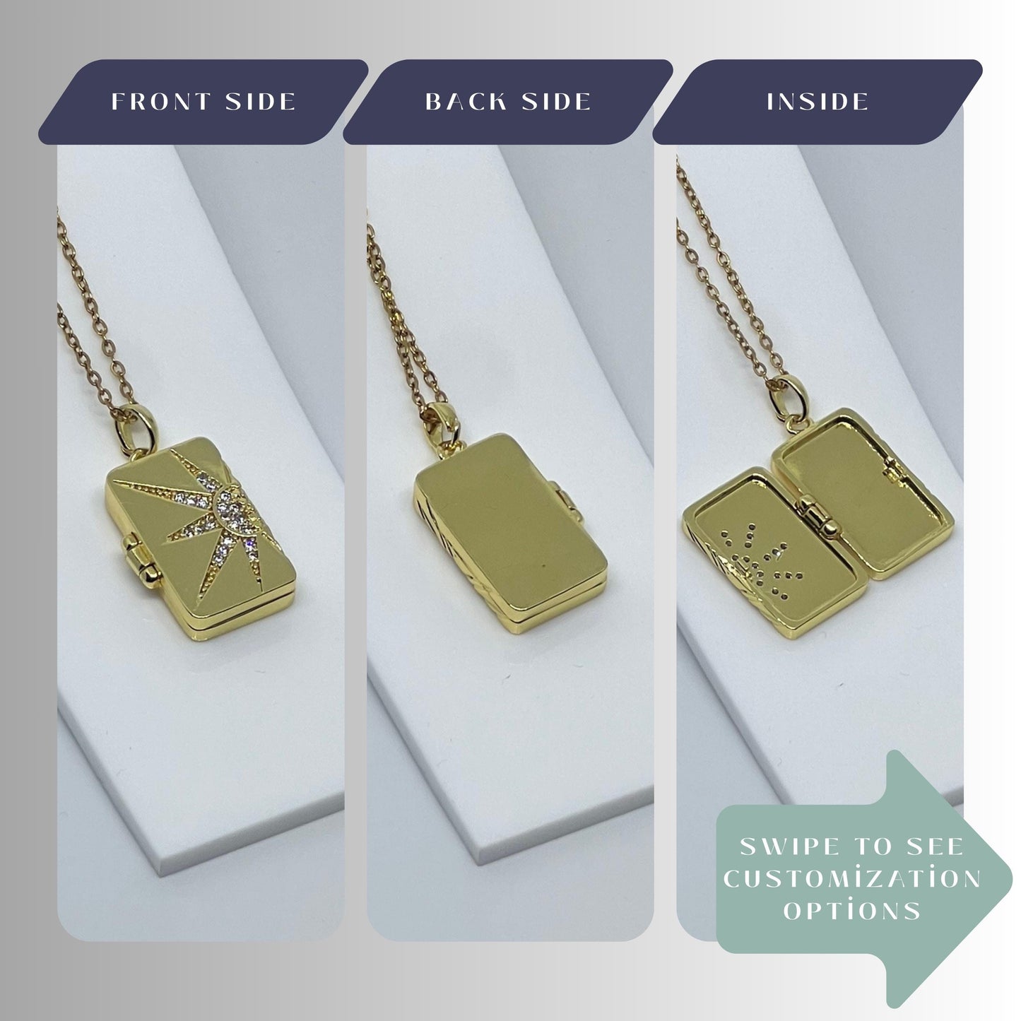 Sunburst Rectangle Locket Necklace, Gold Photo Locket with Crystal Sun Design, Personalized Keepsake Gift for Her