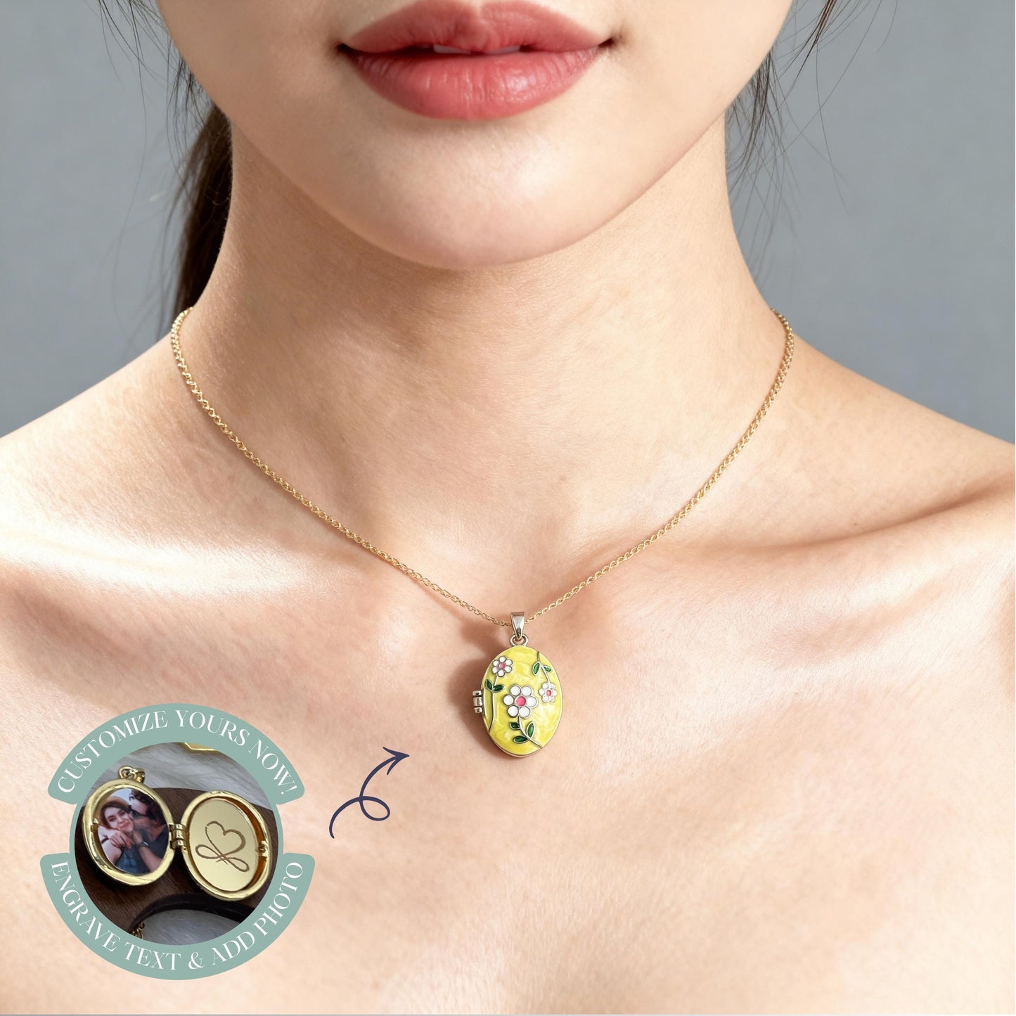 Daisy Floral Oval Photo Locket Necklace – Personalized Keepsake Gift