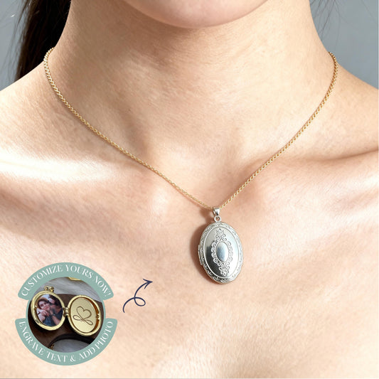 Antique Silver Oval Photo Locket Necklace – Personalized Keepsake Gift