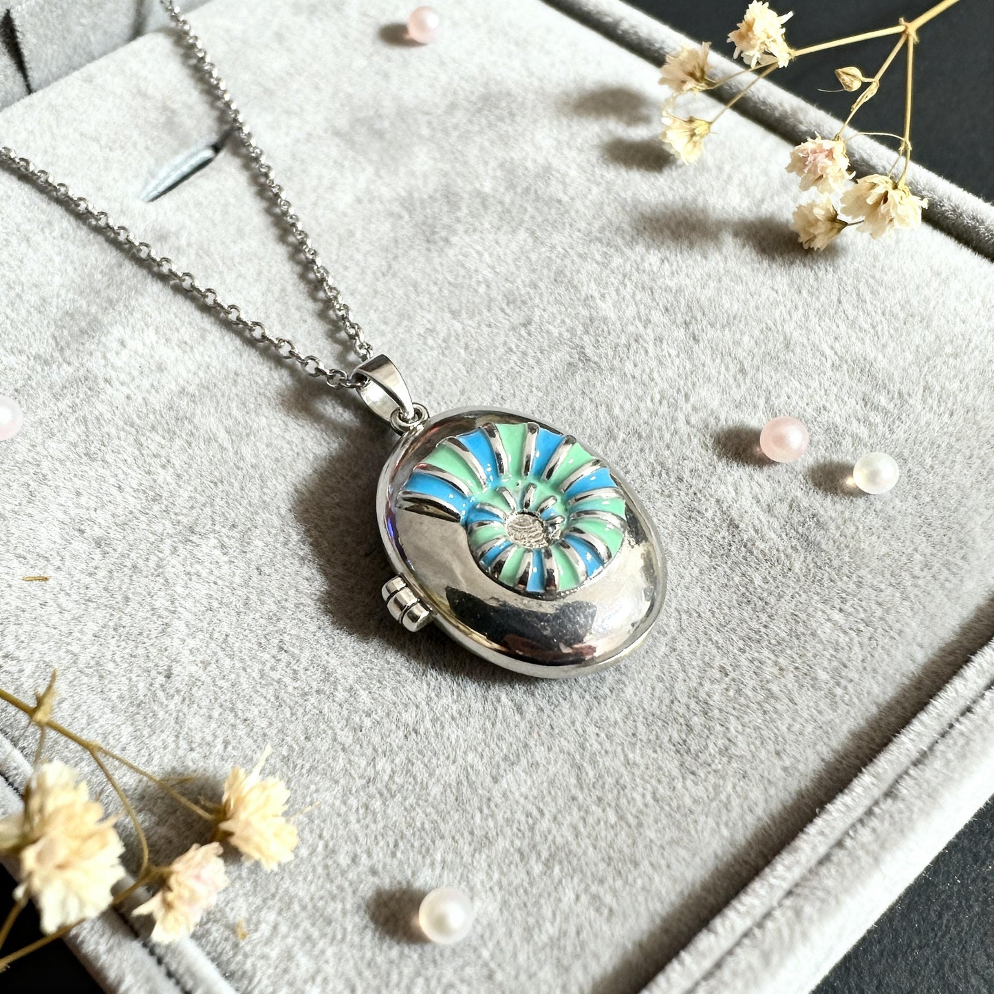 Silver Turquoise Floral Oval Photo Locket Necklace – Personalized Keepsake Gift