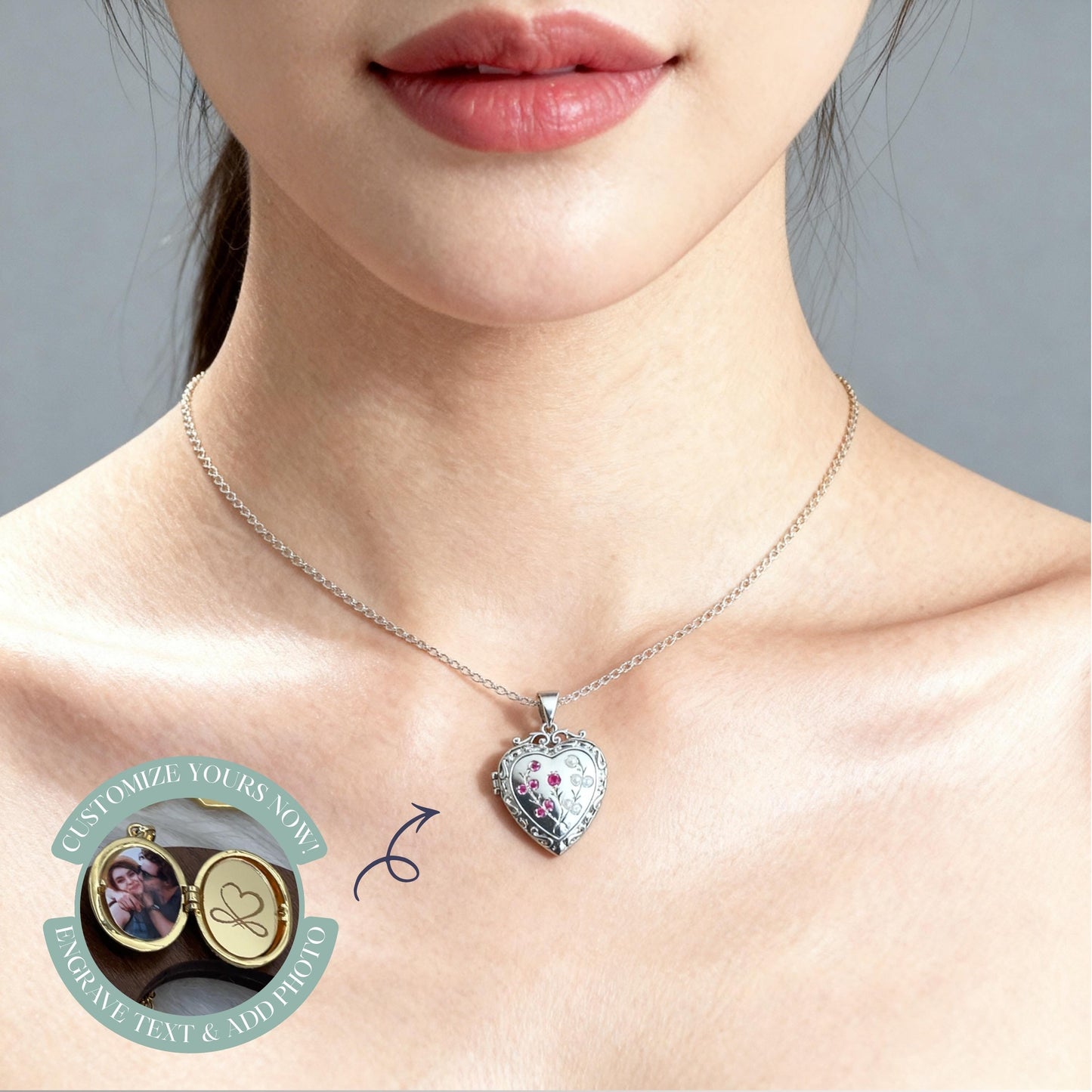 Floral Heart Photo Locket Necklace – Personalized Keepsake Gift