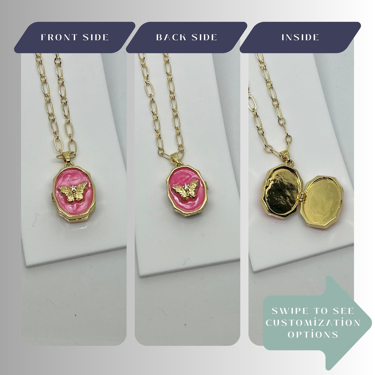 Pink Enamel Butterfly Photo Locket Necklace – Personalized Keepsake Gift