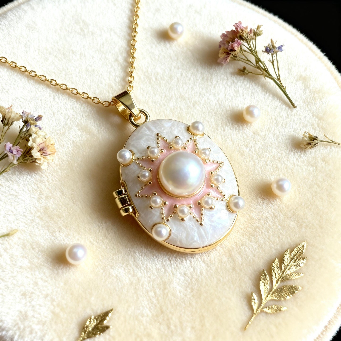 Mother of Pearl Crystal Oval Photo Locket Necklace – Personalized Keepsake Gift