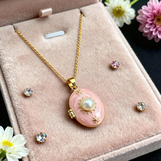 Pink Pearl Oval Photo Locket Necklace – Personalized Keepsake Gift