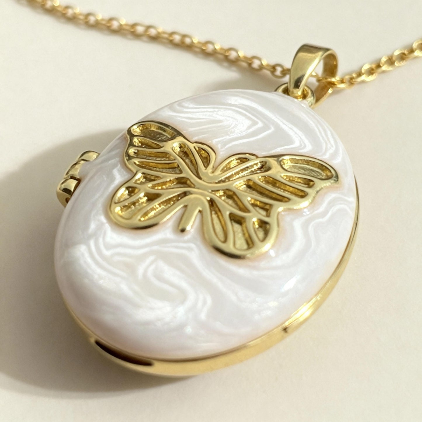 White Butterfly Oval Photo Locket Necklace – Personalized Keepsake Gift