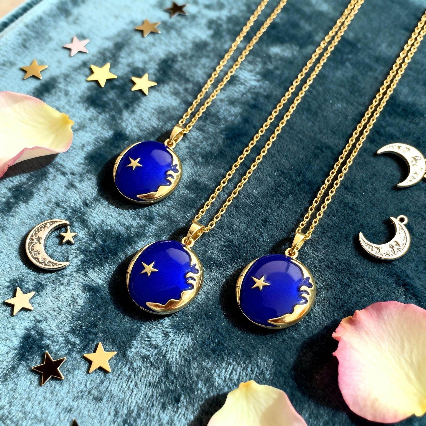 Blue Enamel Moon Star Photo Locket Necklace – Personalized Keepsake Gift