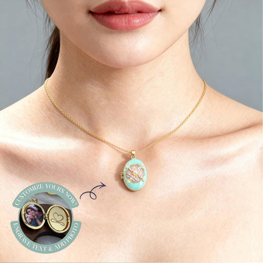 Turquoise Pearl Floral Oval Photo Locket Necklace – Personalized Keepsake Gift