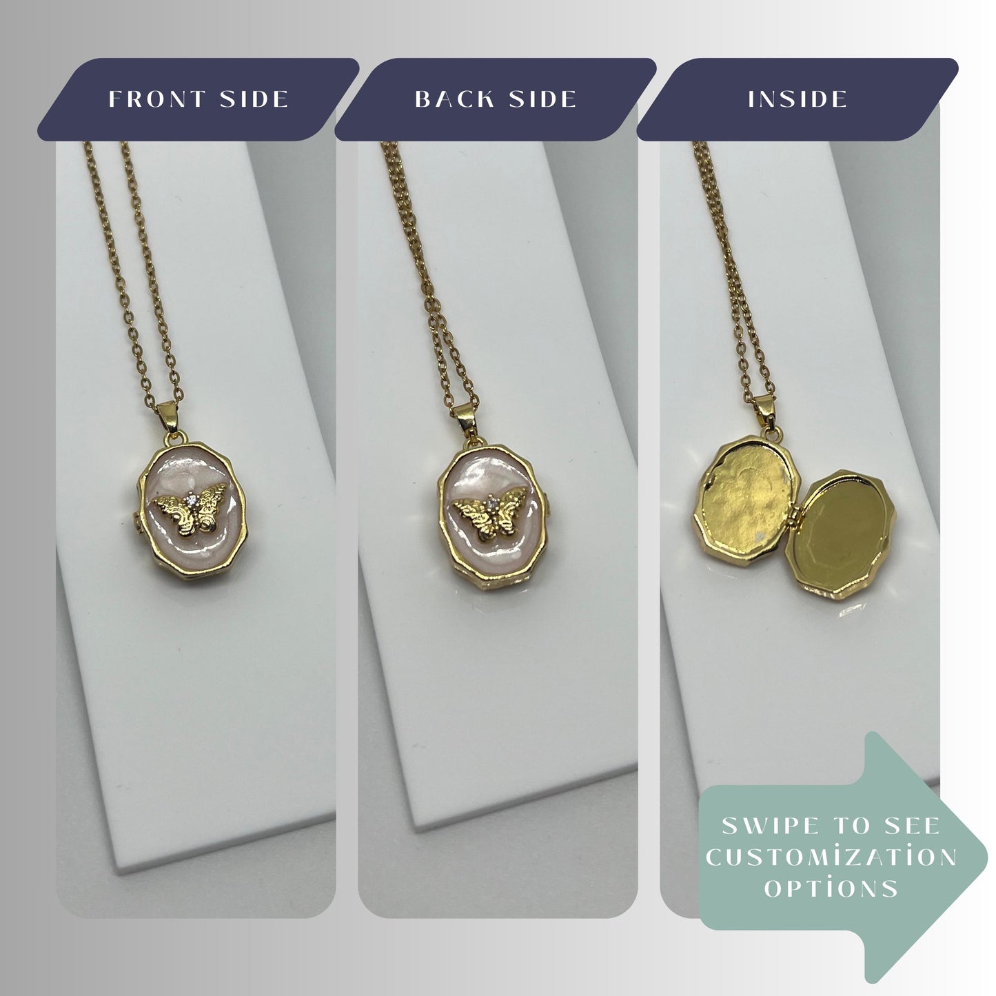 White Enamel Butterfly Oval Photo Locket Necklace – Personalized Keepsake Gift