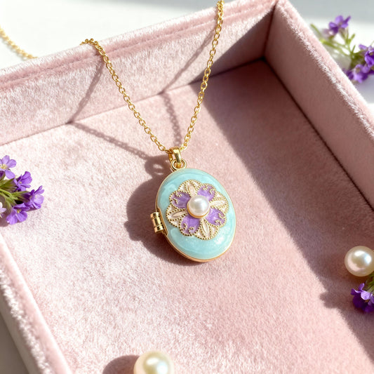 Mint Pearl Floral Oval Photo Locket Necklace – Personalized Keepsake Gift