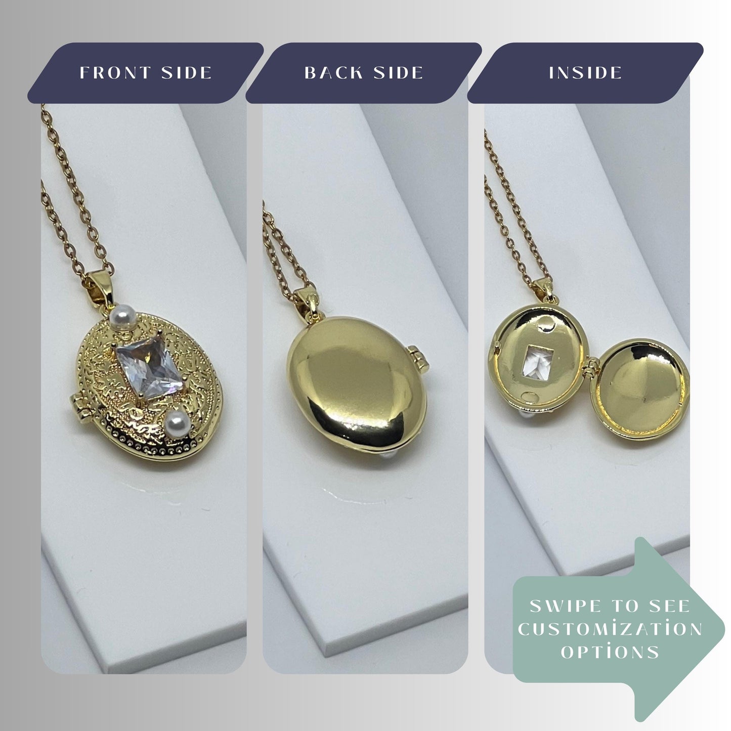 Crystal Pearl Oval Photo Locket Necklace – Personalized Keepsake Gift