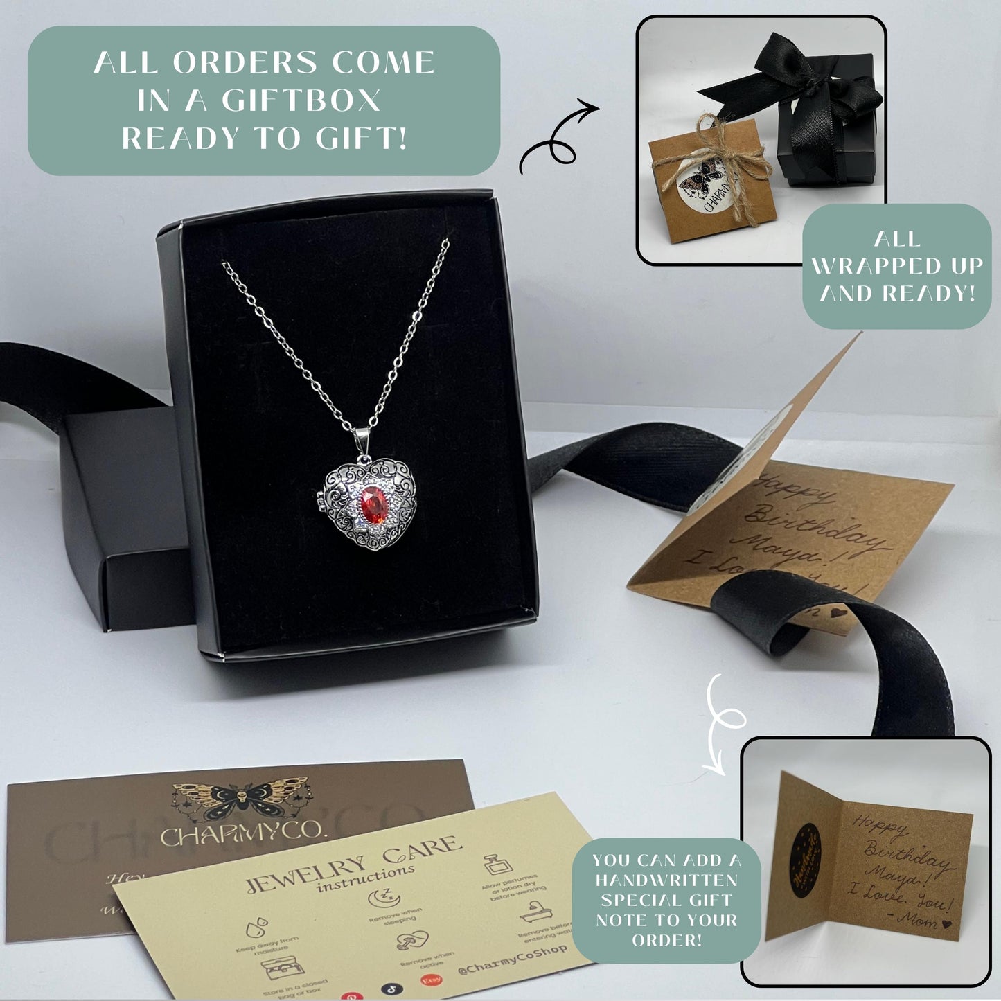 Victorian Style Heart Photo Locket Necklace with Crystal Gemstone, Vintage Keepsake Jewelry