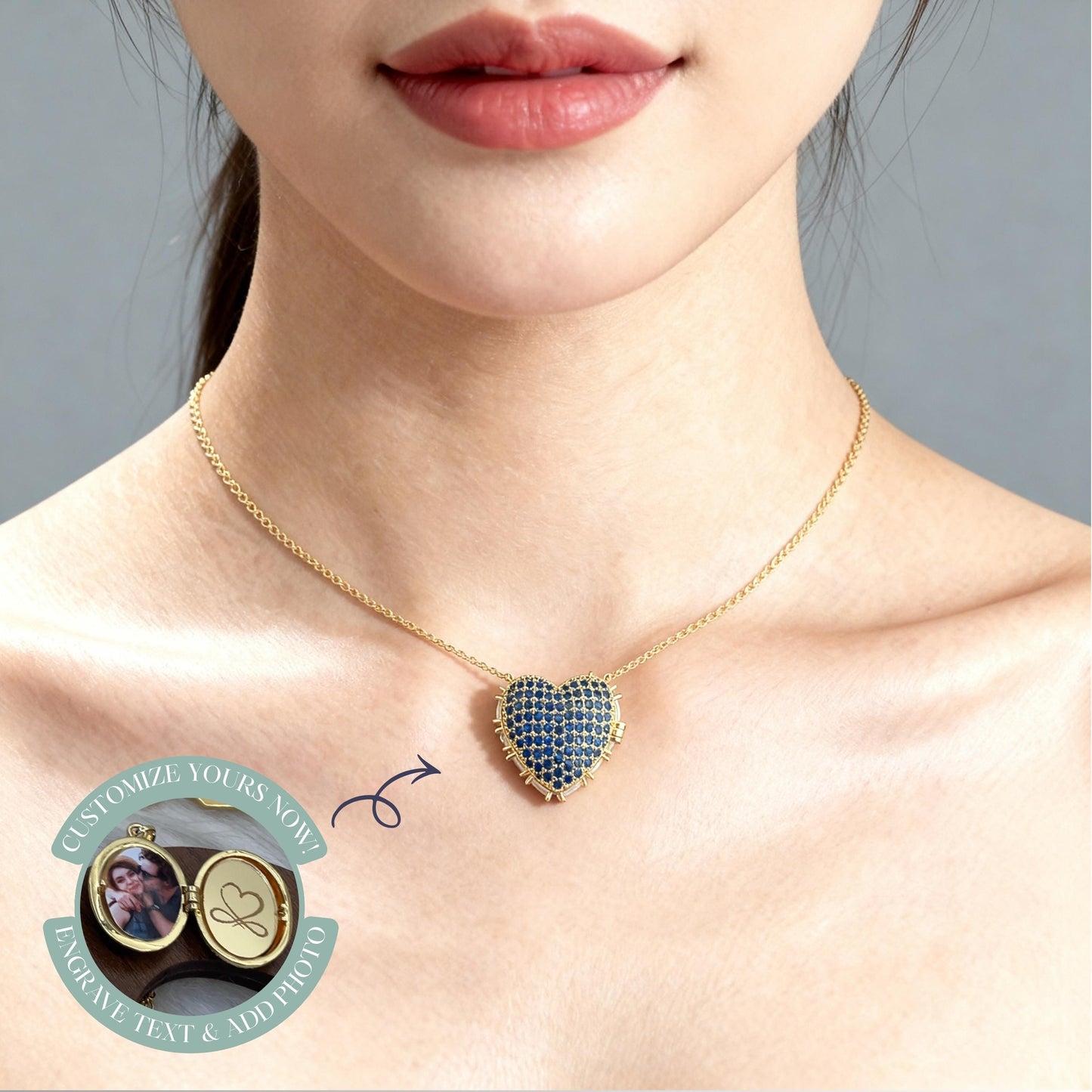 Blue Crystal Heart Photo Locket Necklace – Personalized Keepsake Gift