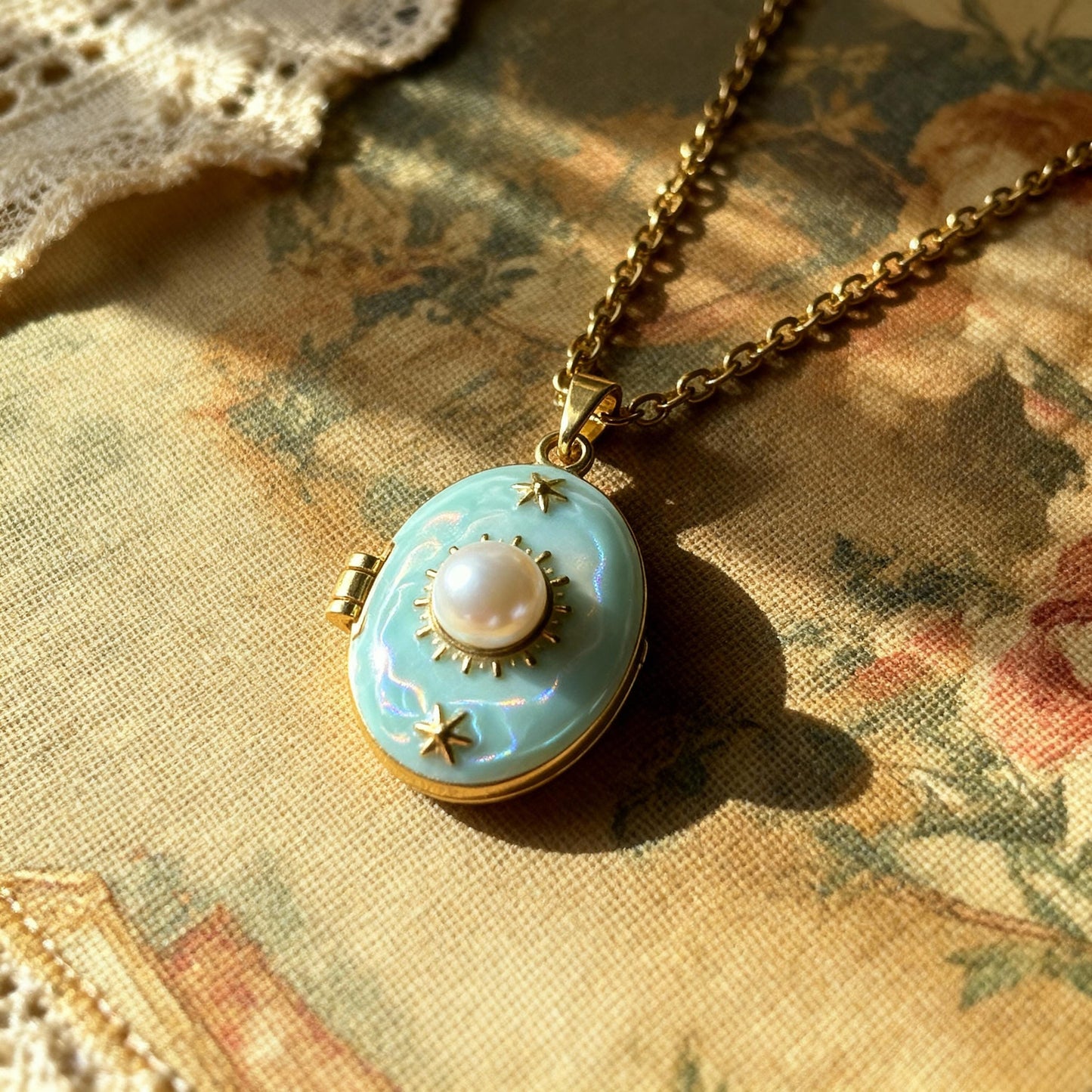 Mint Blue Pearl Oval Photo Locket Necklace – Personalized Keepsake Gift