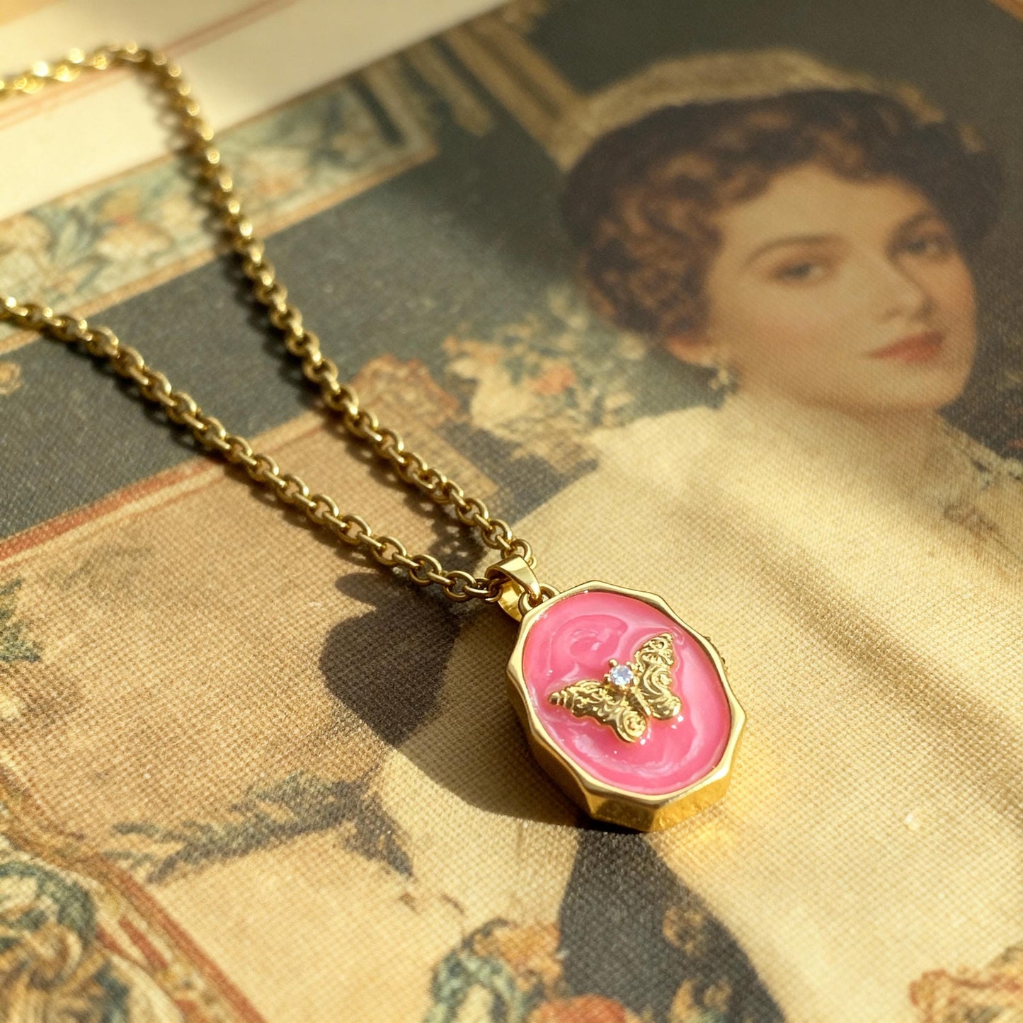 Pink Enamel Butterfly Photo Locket Necklace – Personalized Keepsake Gift