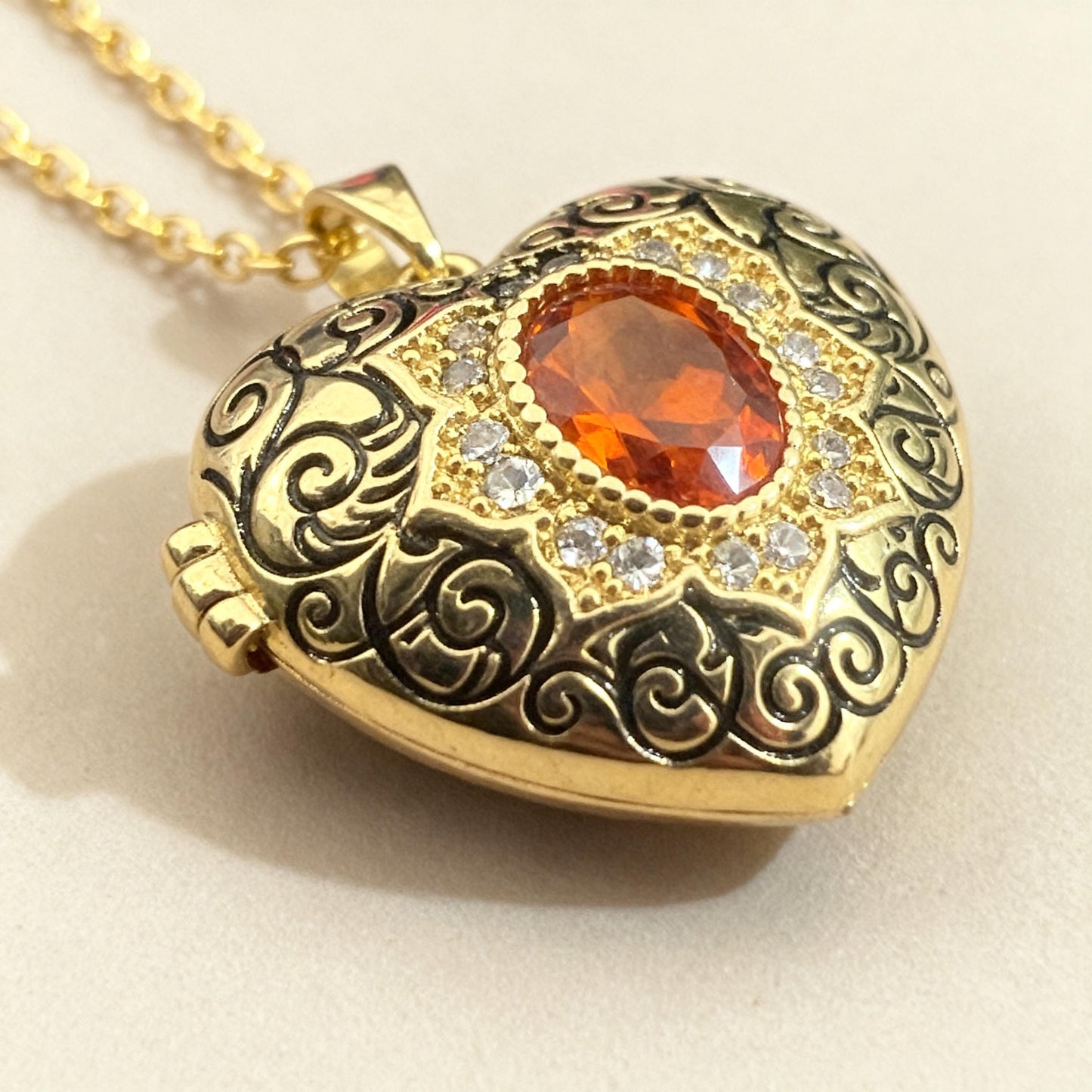 Orange Crystal Heart Photo Locket Necklace – Personalized Keepsake Gift