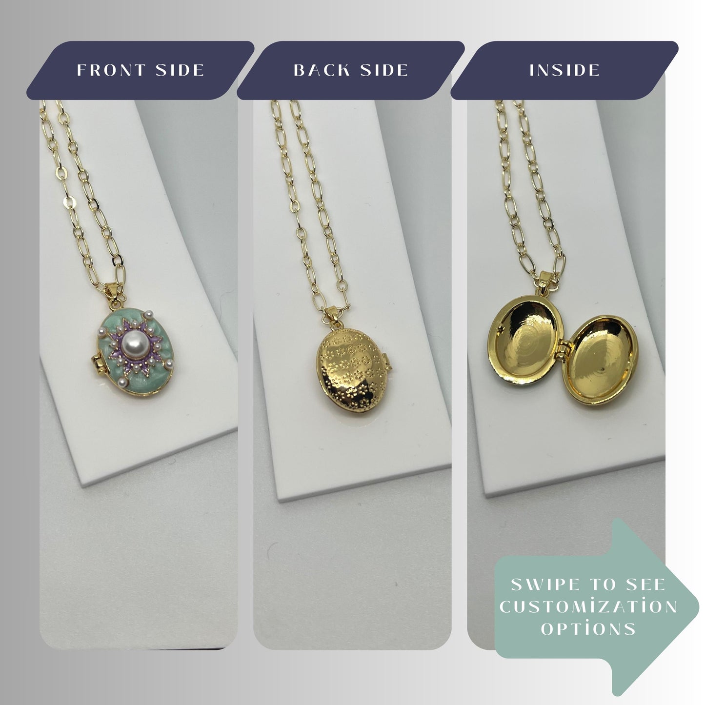 Mint Pearl Sunburst Oval Photo Locket Necklace – Personalized Keepsake Gift