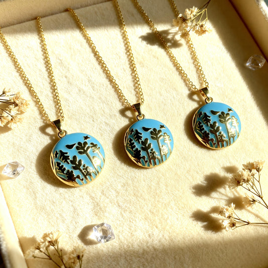 Blue Floral Round Photo Locket Necklace – Personalized Keepsake Gift